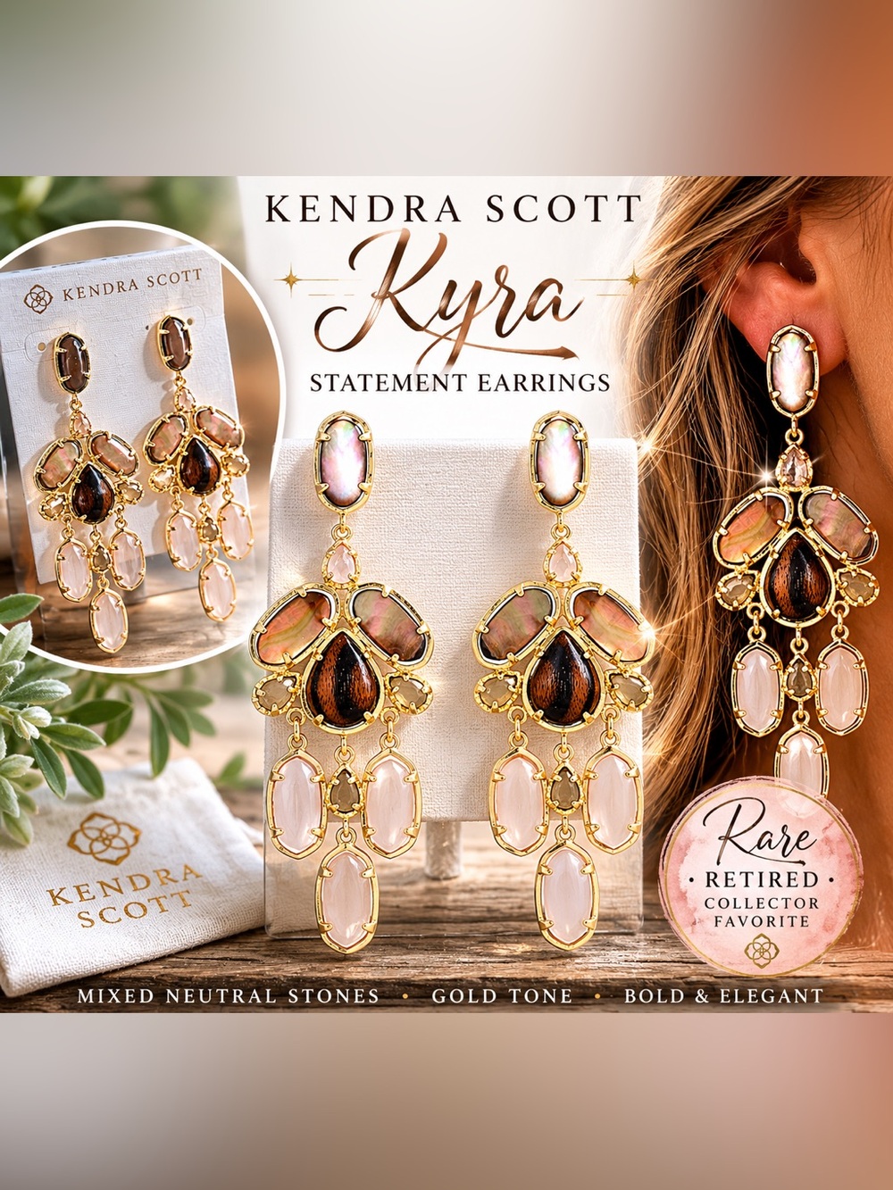 Kendra Scott Kyra Earrings Gold Tone • Mixed Neutral Stones • Collector Favorite